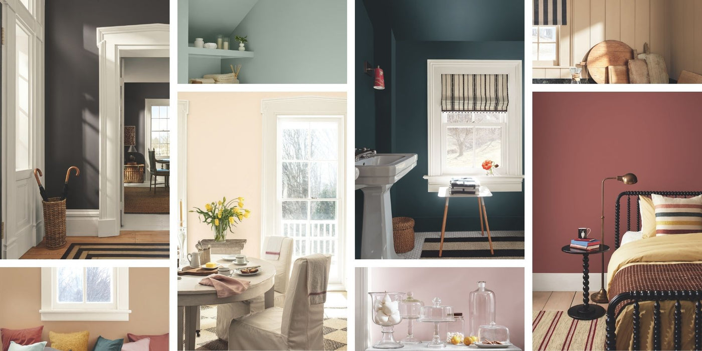 Collage of interior design elements and rooms showcasing colors from the Benjamin Moore 2026 Color Trends Palette.